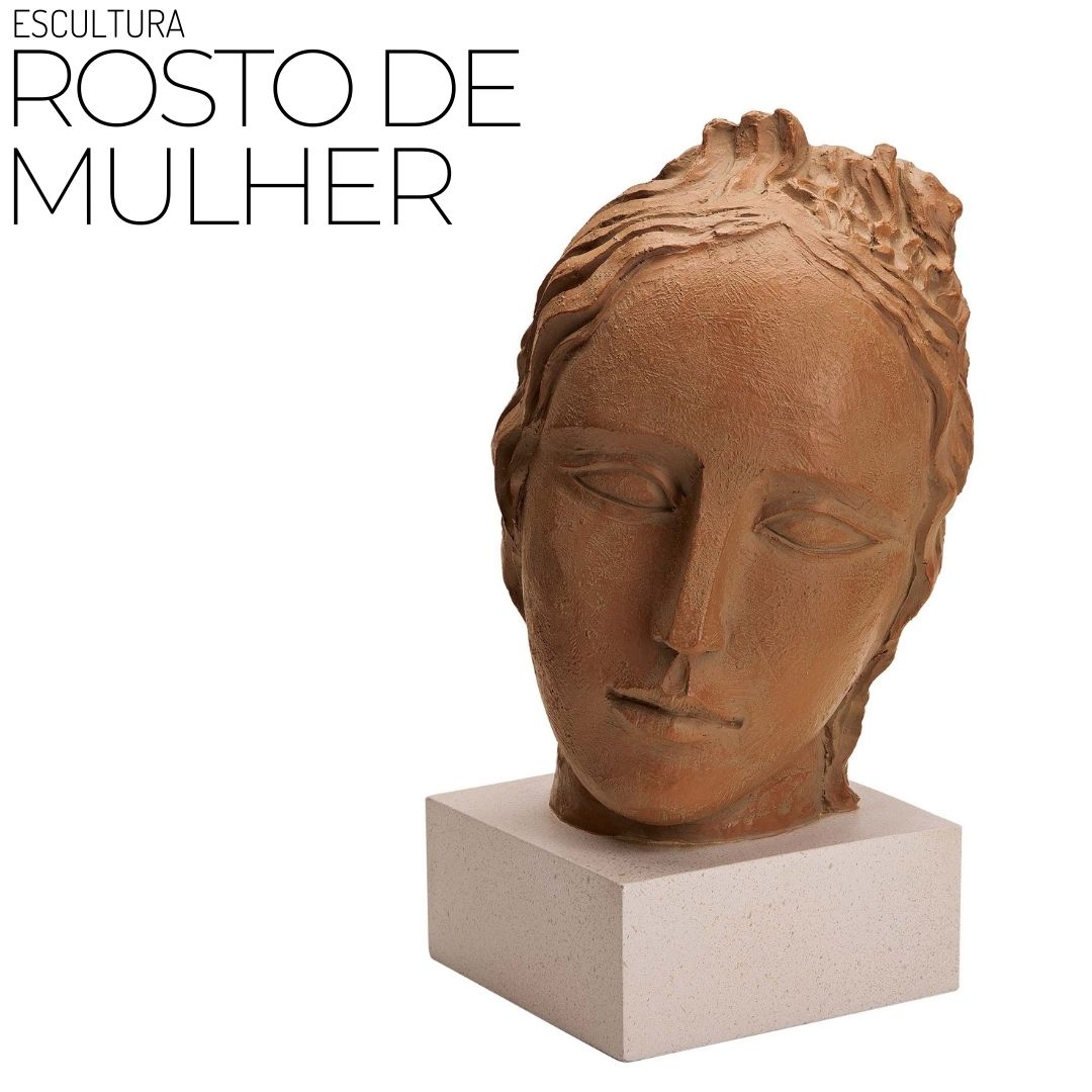 Lindo busto de mulher de resina marrom, escultura com rosto face feminina em cor terracota . Busto neoclássico romano com releitura moderna .  Estatueta Escultura com rosto face delicada de mulher contemporânea. 